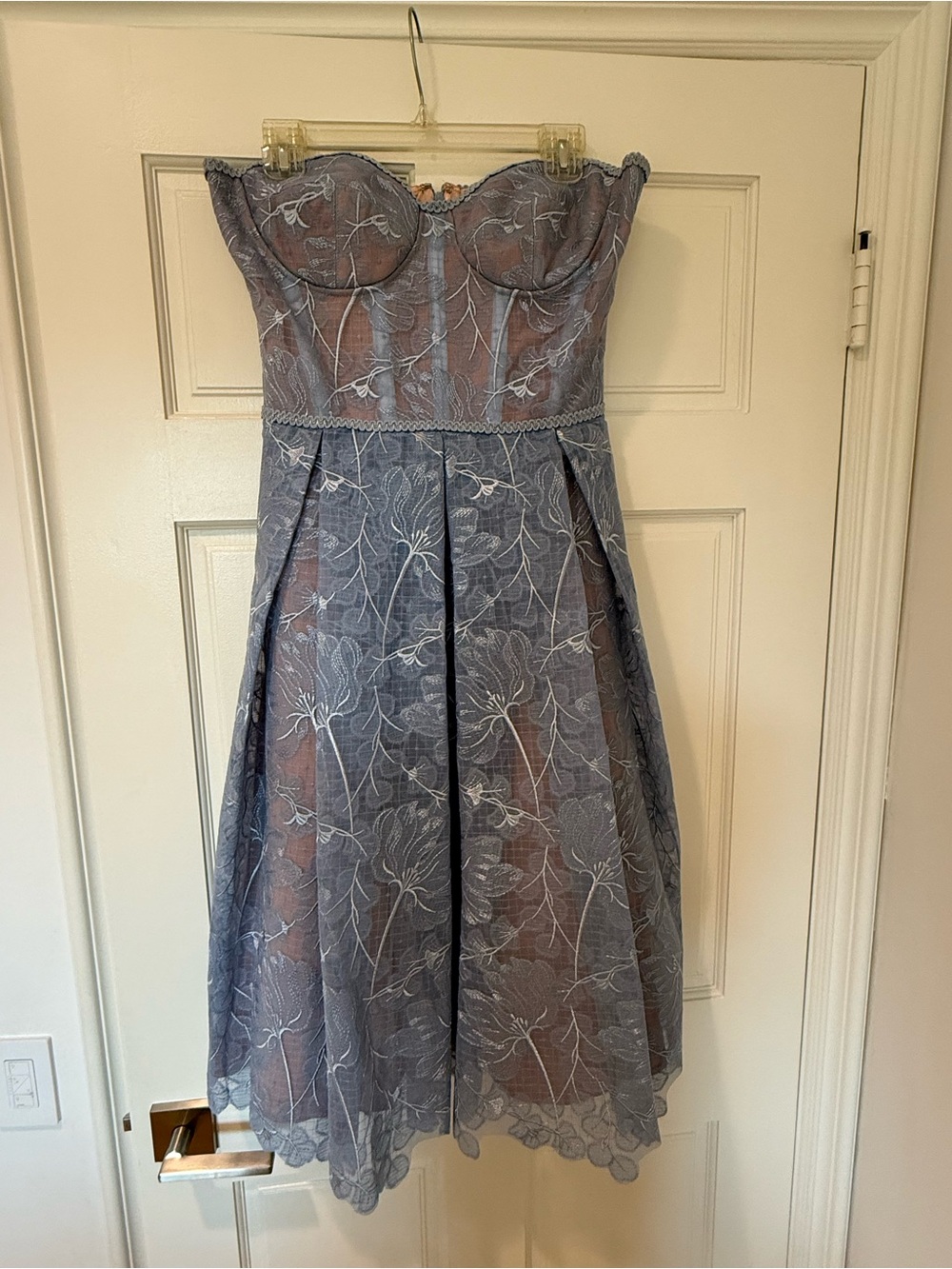 NADINE MERABI Strapless Lace Midi Dress in Dusty Blue and Blush